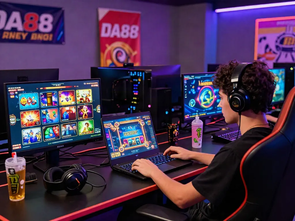 Engaged user enjoying online slot games at DA88 in a colorful gaming setup.