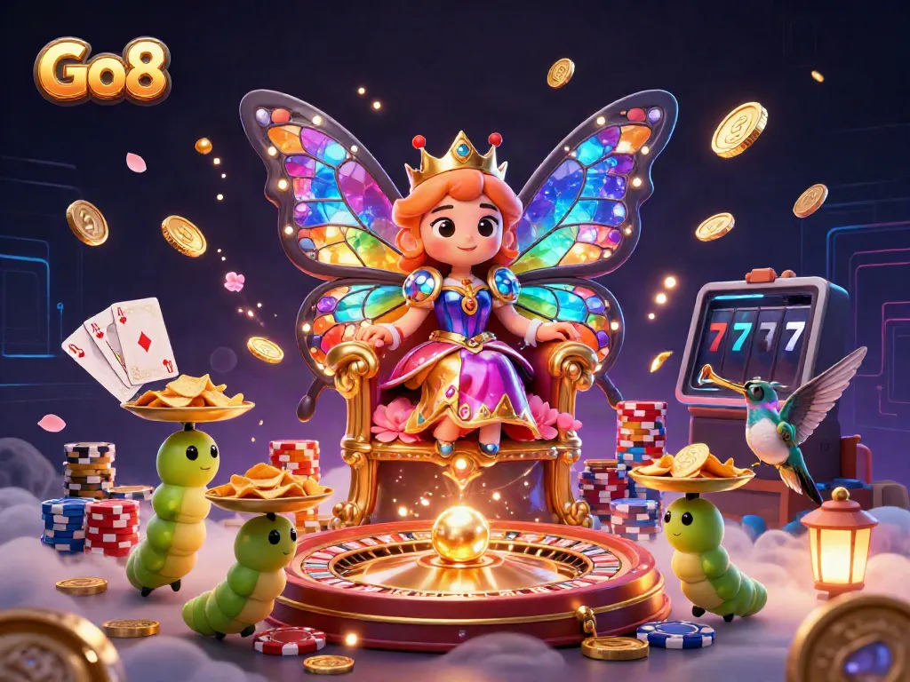 Engage with Go8's vibrant casino world featuring a butterfly queen amidst dazzling chips and jewels.