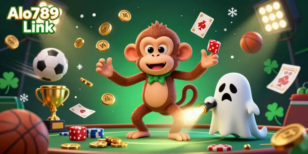 Experience the excitement of Alo789 Link with a playful monkey juggling in a haunted casino.