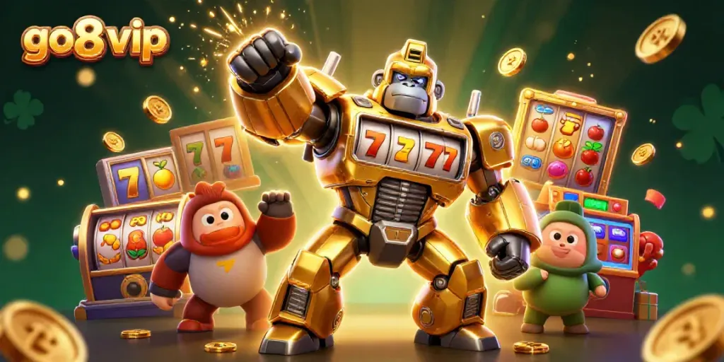 Engage with the go8 vip slot game scene featuring a golden gorilla mech and dynamic game elements.
