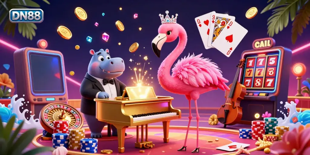 Experience the vibrant atmosphere of DN88’s casino with a lively flamingo singer and hippo bassist amidst cascading coins and gaming elements.