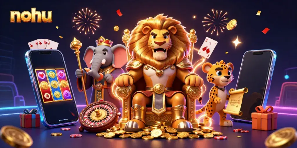 Experience the thrill of nohu gaming with a lion king, elephant advisor, and cheetah messenger in a vibrant casino scene.