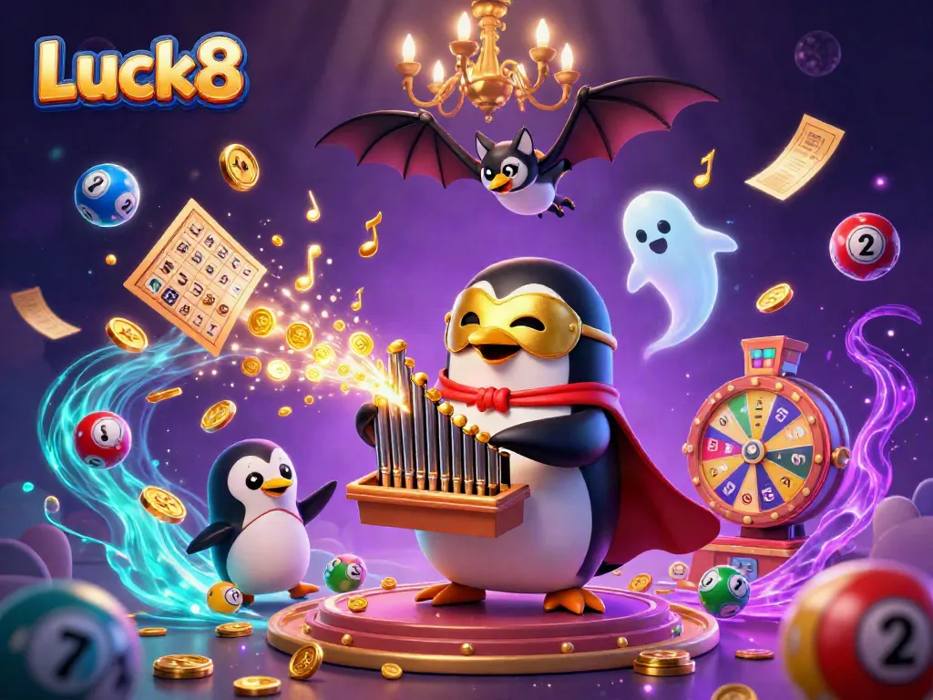 Experience the thrill of Luck8 with dynamic cartoon characters and gambling elements in this vibrant 3D illustration.
