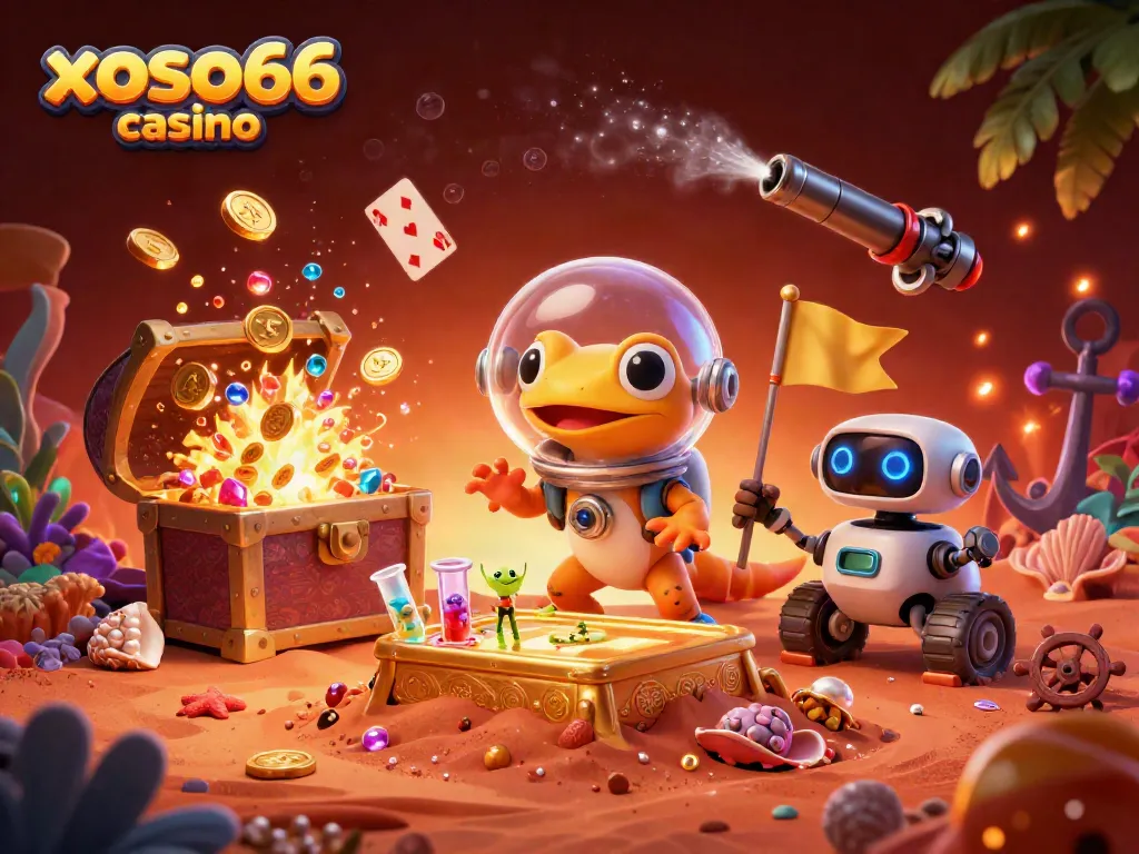 Engage with xoso66 casino in this vibrant 3D illustration of a Martian gecko discovering a golden casino with fun game elements.