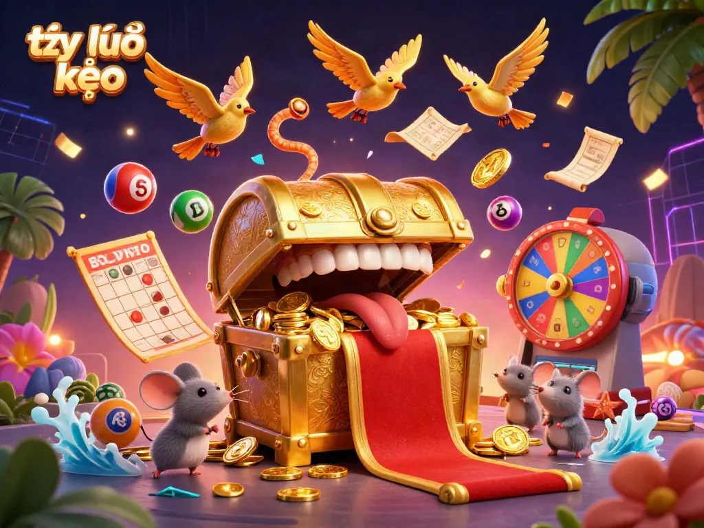 Catch the excitement of tỷ lệ kèo with vibrant lottery and casino elements in this 3D scene.
