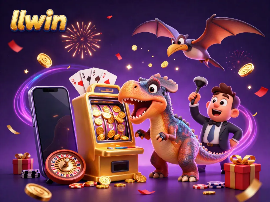Experience the excitement of llwin as a pachycephalosaurus wins jackpot coins from a golden slot machine in a vibrant casino scene.