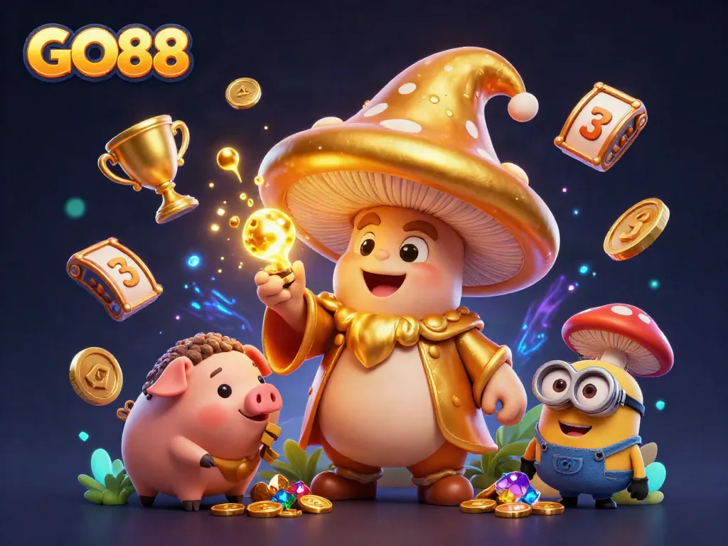 Engage with GO88's vibrant jackpot magic scene featuring a cartoon mushroom wizard and treasures.