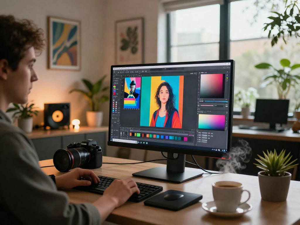 AI image editor in a vibrant digital art studio, showcasing creative process and tools