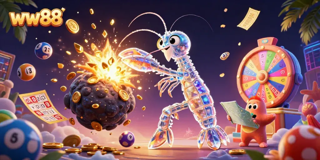 Experience thrilling gameplay at ww88 with a vibrant 3D casino scene featuring a mantis shrimp hero.