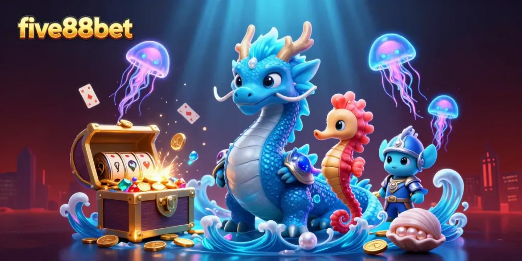 Experience thrilling gameplay at five88bet with a vibrant underwater casino scene featuring a dragon and seahorse knight.