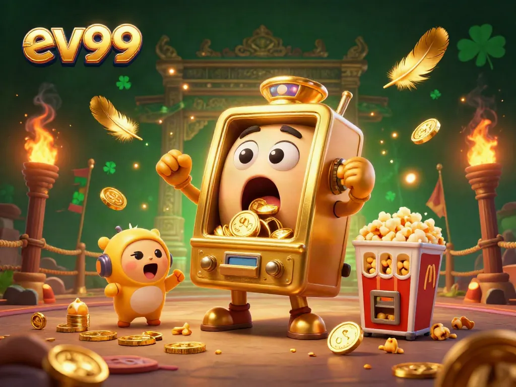 Experience the excitement of ev99 as a golden slot machine hits the jackpot with cheering companions.