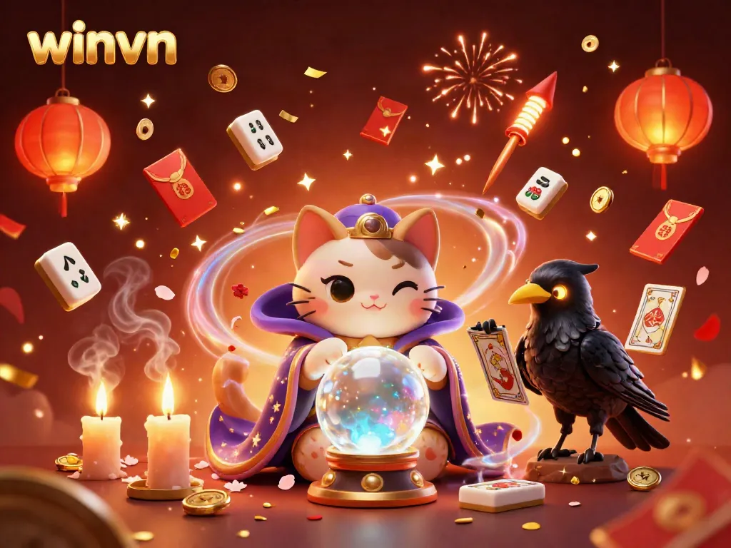 Engage in thrilling games at winvn with a mystical fortune teller and festive game elements.