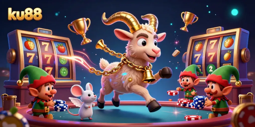 Engage in the thrilling world of ku88's festive casino game with animated characters and dynamic elements.