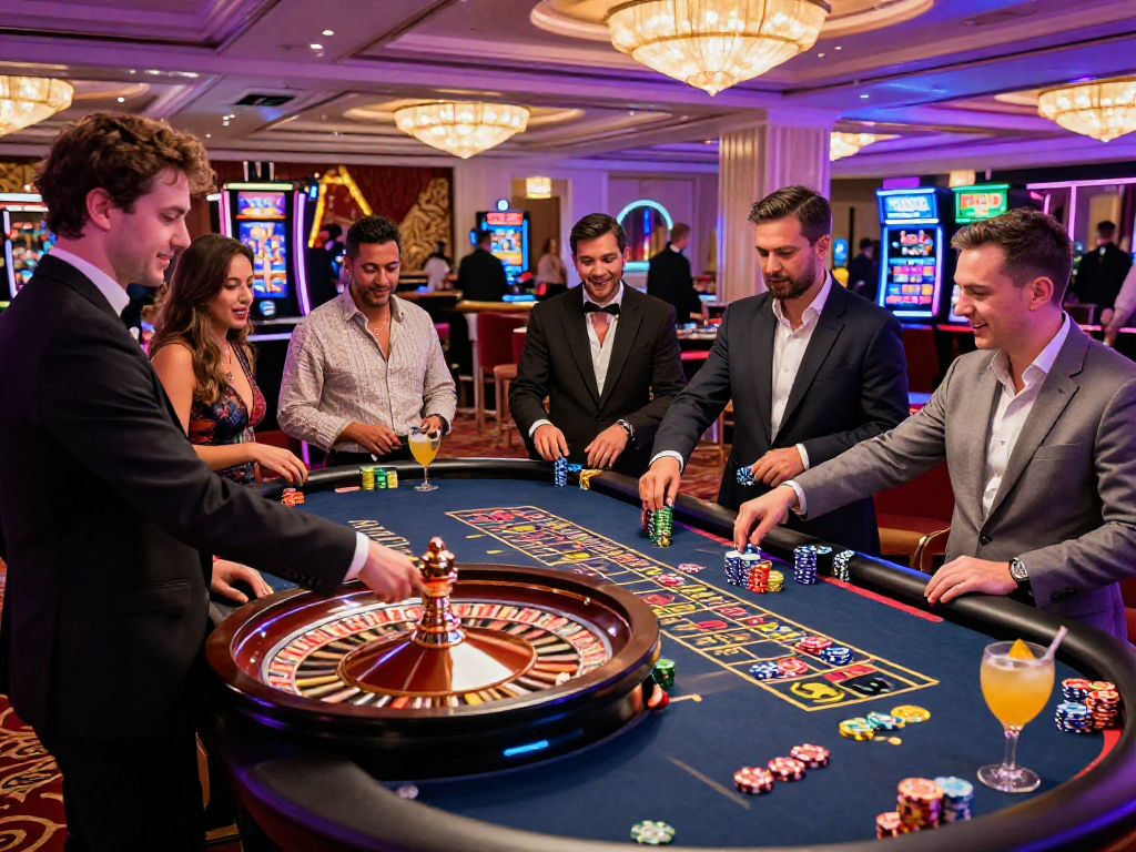 Scene di casino non AAMS con giocatori entusiasti al tavolo della roulette e atmosfera di festa.