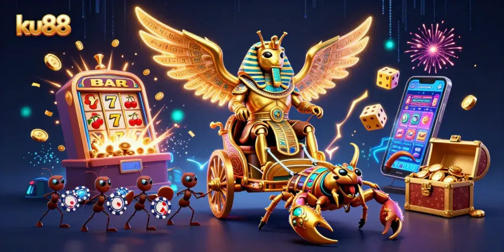 Engage with ku88's vibrant casino experience featuring a golden scarab beetle amidst a jackpot explosion.