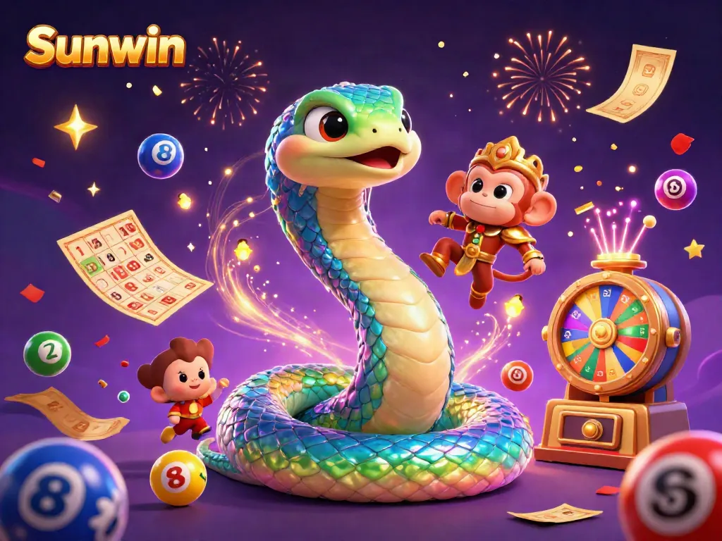 Engage in thrilling games at Sunwin, featuring vibrant lottery elements and dynamic scenes of excitement.