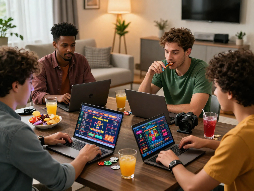 Amici che discutono strategie ai casinò non aams mentre giocano online, atmosfera accogliente.