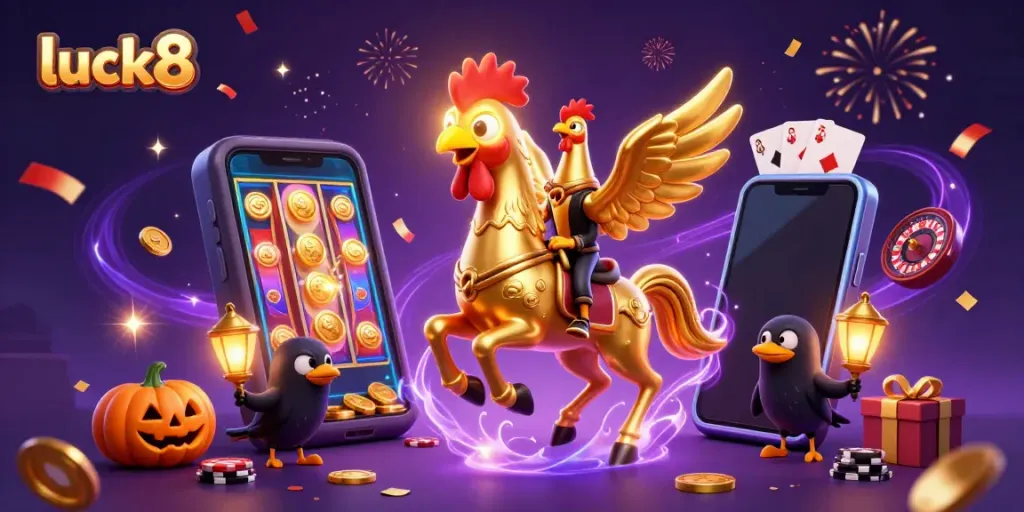 Engage in thrilling slot gameplay with luck8 in a magical casino backdrop featuring a golden rooster