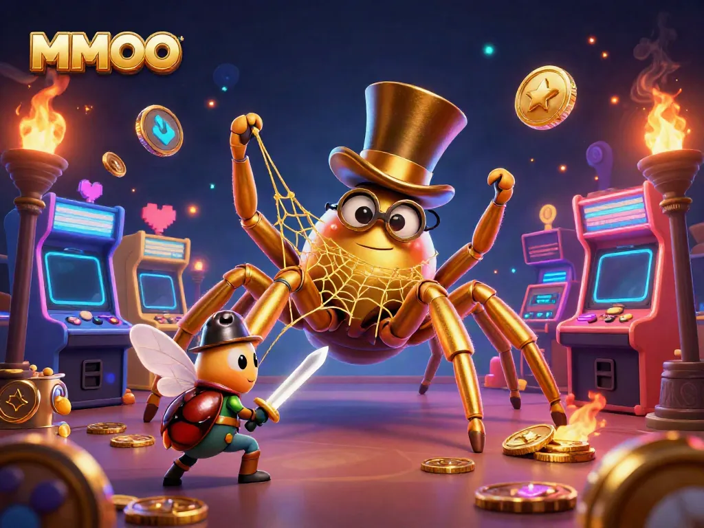 Engage with exciting MMOO casino games featuring a vibrant scene filled with animated characters, gold, and playful gaming elements.